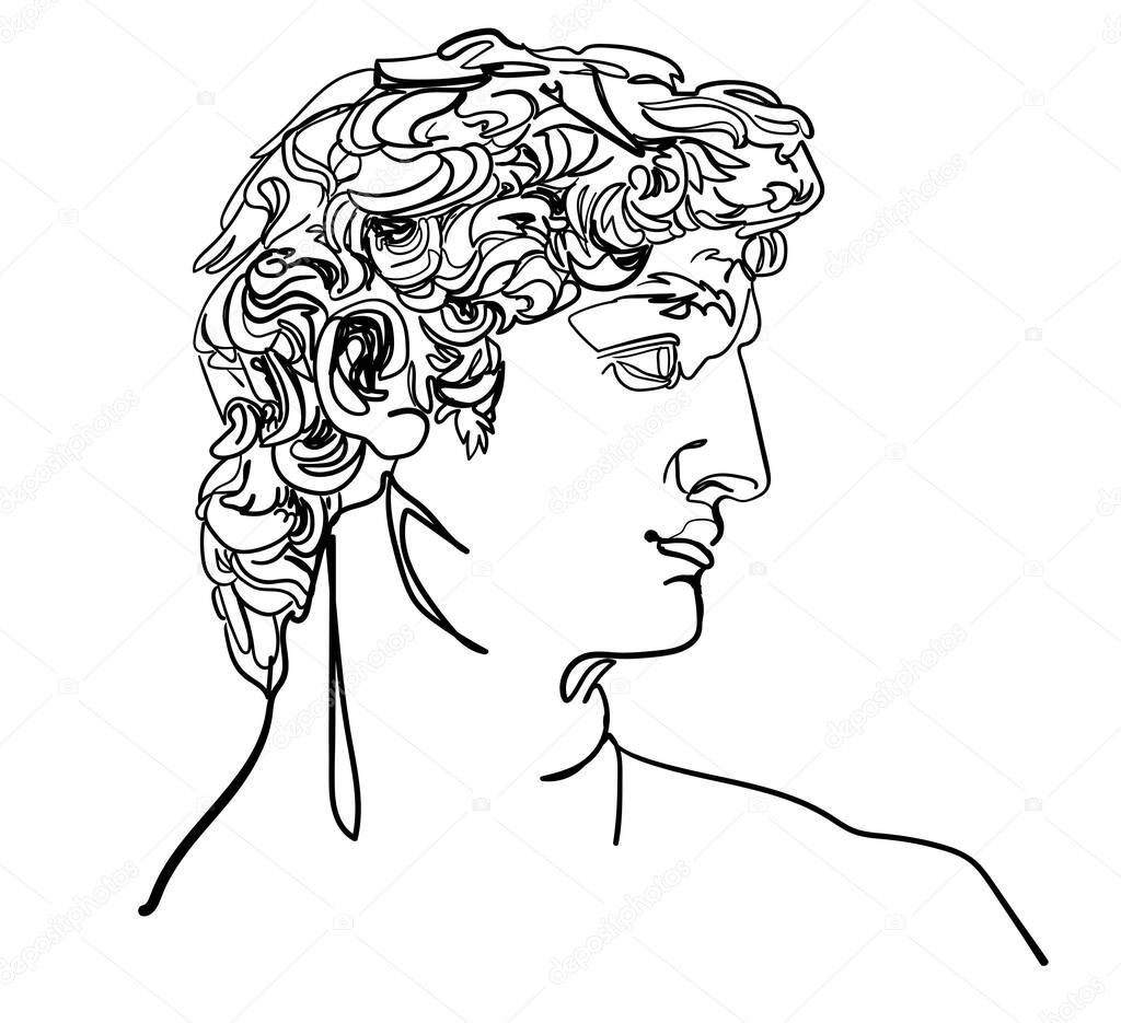 Greek statue. David's head, male head. One line drawing. Stylish print.