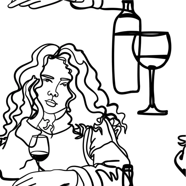 ワインとシームレスなパターンの女の子 面白い Print — ストックベクタ