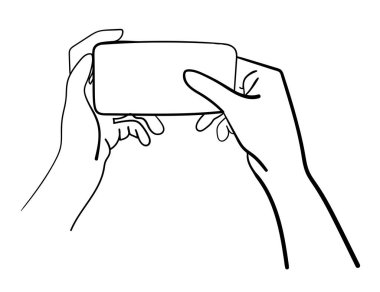 Eller modern bir telefon tutuyor. Telefon ellerdeydi. Bir çizgi çizimi.