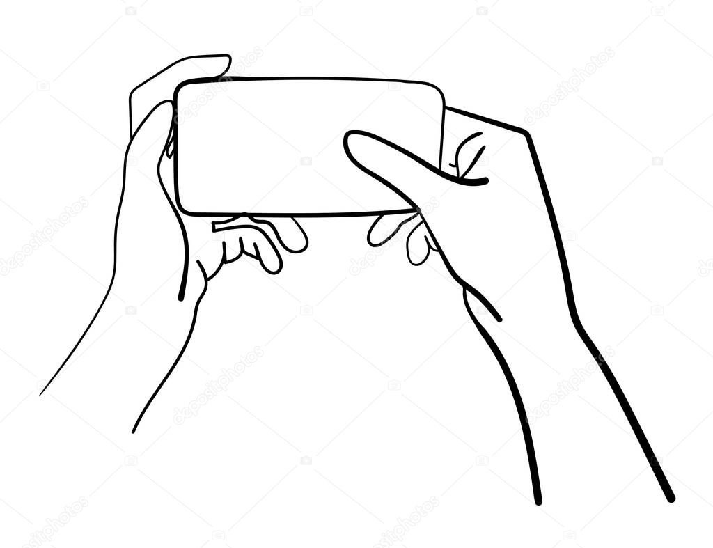 Hands are holding a modern phone. The phone is in the hands. One line drawing.