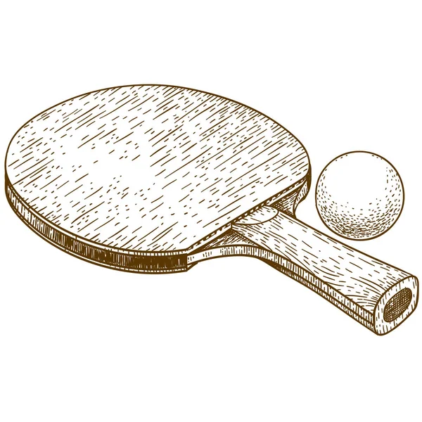 Grabado ilustración de ping pong raqueta de tenis de mesa y pelota — Vector de stock