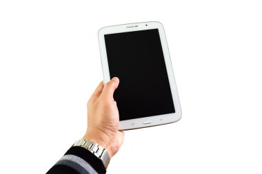 Adam el beyaz tablet boş ekran ile tutarak