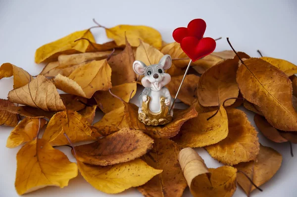 Year Rat Little Mouse Yellow Leaves Autumn Luck Horseshoe Copy — Stock Photo, Image