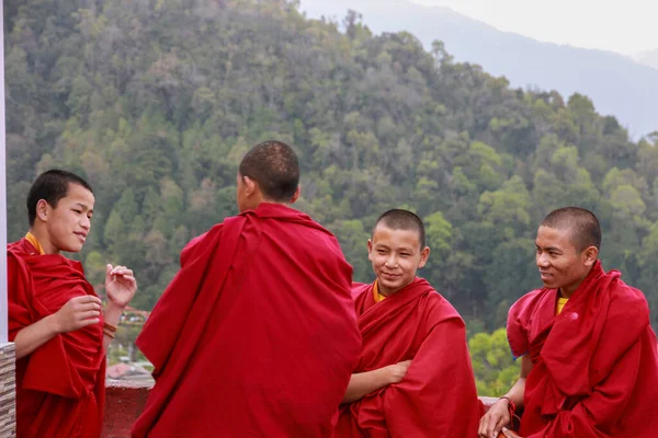 自然を背景に仏教僧院で赤い服の少年たちの僧侶 2015年4月インド — ストック写真