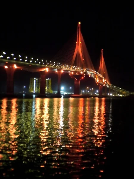 Illumination Dusk Bridge Constitution Called Pepa Coast Capital City Cdiz — Stock Photo, Image