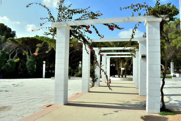 columns at the entrance of the Reina Sofia Dunes Park of Guardamar del Segura beach, Alicante. Spain. Europe. September 21, 2019