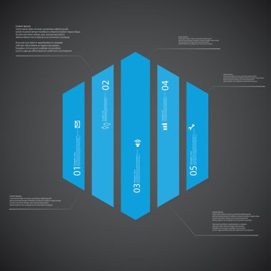 Altıgen illüstrasyon şablonu, koyu arka plan üzerinde beş mavi bölümden oluşur
