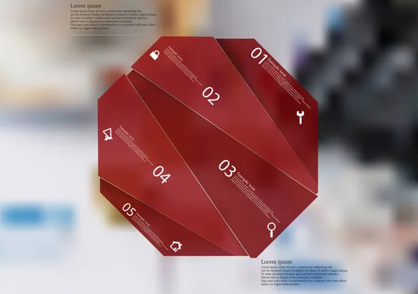 Modelo de infográfico de ilustração com octógono vermelho dividido aleatoriamente em cinco partes — Vetor de Stock