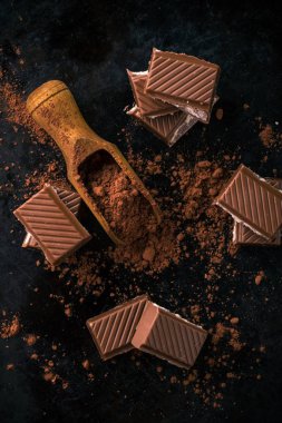 Kaşık ve birkaç parça çikolata kakao üzerinde Üstten Görünüm