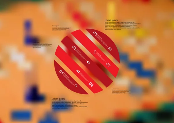 İllüstrasyon çember çarpık Infographic şablonuyla beş kırmızı bağımsız bölüme ayrılmıştır — Stok Vektör