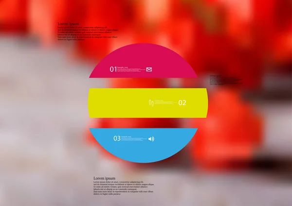 Ilustracja infografikę szablon z kręgu poziomo jest podzielony na trzy części pojedynczych kolorów — Wektor stockowy
