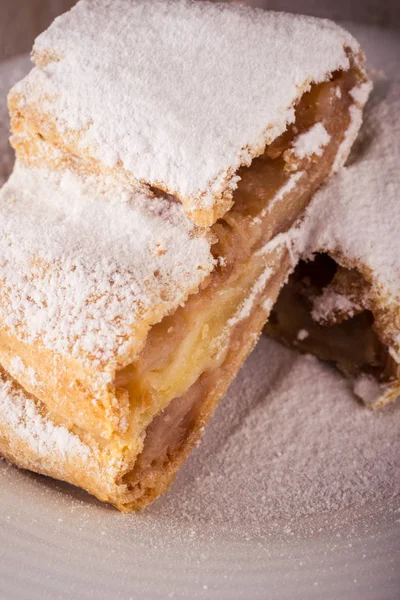 Detail of Two slices of apple strudel with powder sugar — Stock Photo, Image