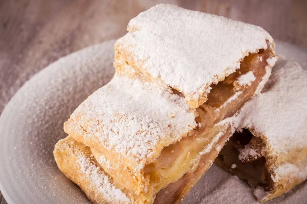 Detail van twee sneetjes Apfelstrudel met poeder suiker op witte schotel — Stockfoto