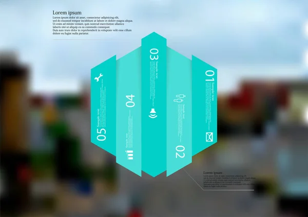 Modelo de infográfico de ilustração com hexágono dividido verticalmente em cinco partes azuis — Vetor de Stock