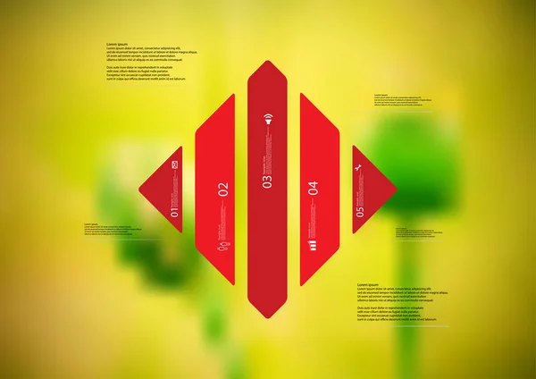 Plantilla infográfica de ilustración con rombo dividido verticalmente en cinco partes rojas independientes — Vector de stock