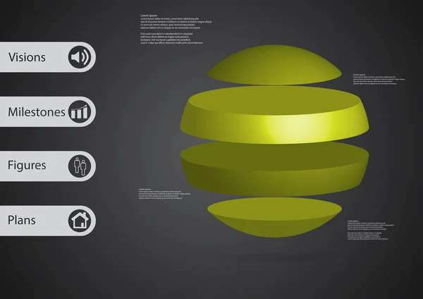 Modèle d'infographie d'illustration 3D avec boule divisée horizontalement en quatre parties vertes autonomes — Image vectorielle