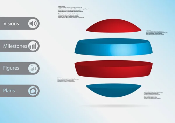 3D Illustration Infografik Vorlage mit Kugel horizontal in vier eigenständige Farbteile aufgeteilt — Stockvektor