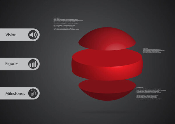 3D illustration infographic template with ball horizontally divided to three standalone red parts