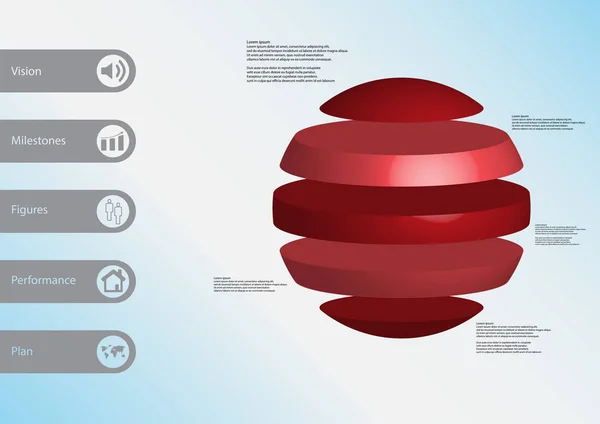 Modèle d'infographie d'illustration 3D avec boule divisée horizontalement en cinq parties rouges autonomes — Image vectorielle