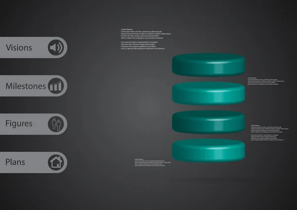 Illustration 3D modèle infographique avec cylindre divisé horizontalement en quatre tranches bleues — Image vectorielle