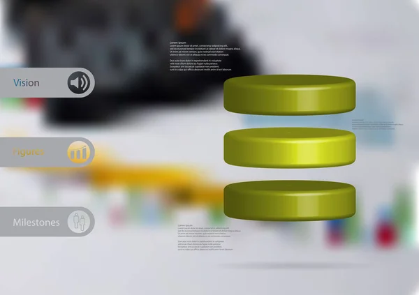 Plantilla infográfica de ilustración 3D con cilindro dividido horizontalmente en tres rodajas verdes — Archivo Imágenes Vectoriales
