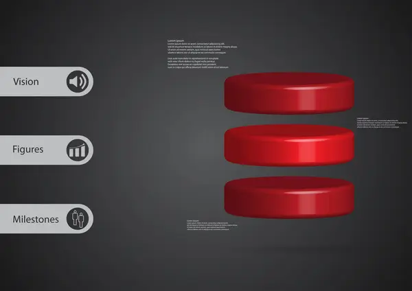 Illustration 3D modèle infographique avec cylindre divisé horizontalement en trois tranches rouges — Image vectorielle