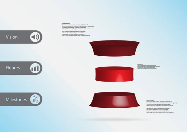Illustration 3D modèle infographique avec cylindre déformé horizontalement divisé en trois tranches rouges — Image vectorielle