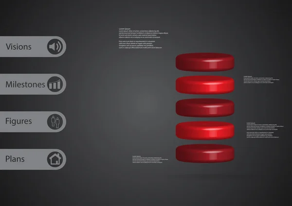 Illustration 3D modèle infographique avec cylindre divisé horizontalement en cinq tranches rouges — Image vectorielle