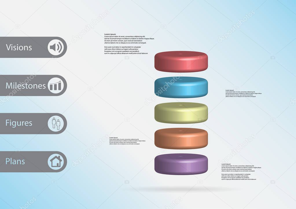 3D illustration infographic template with cylinder horizontally divided to five color slices