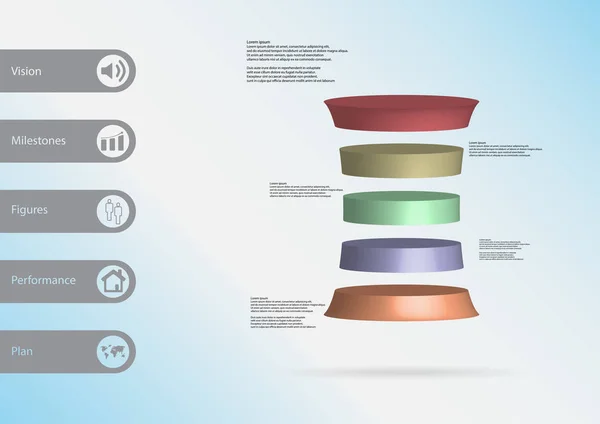 Modelo de infográfico de ilustração 3D com cilindro deformado dividido horizontalmente em cinco fatias de cor — Vetor de Stock