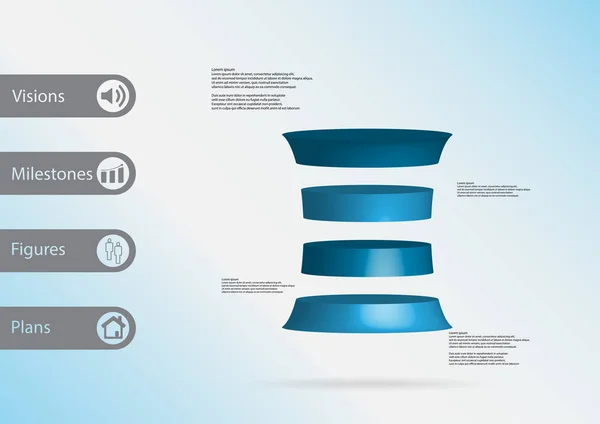 Modelo de infográfico de ilustração 3D com cilindro deformado dividido horizontalmente em quatro fatias azuis — Vetor de Stock