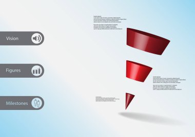 eğimli ile 3d çizim Infographic şablon üçgen yatay olarak üç kırmızı dilimlere bölünmüş