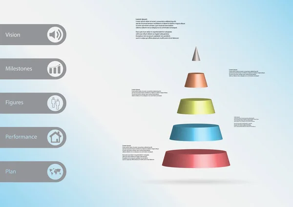 3D illustratie infographic sjabloon met driehoek horizontaal verdeeld aan vijf segmenten van de kleur — Stockvector