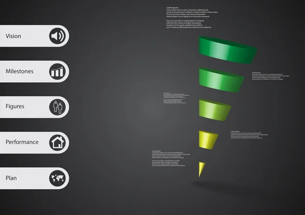 3d 图图表模板与倾斜的三角形水平分为五个绿色片 — 图库矢量图片