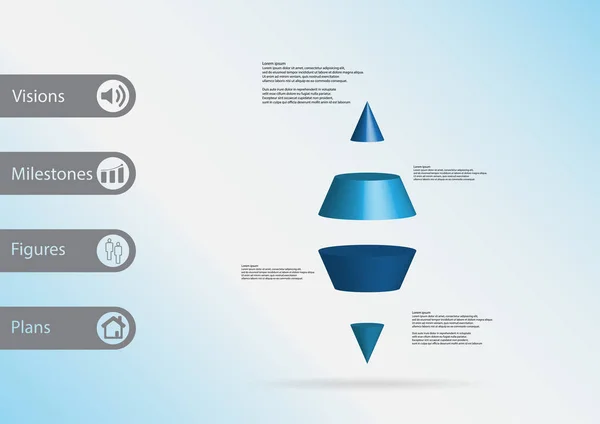 Modèle d'infographie d'illustration 3D avec deux cônes de pointe divisés horizontalement en quatre tranches bleues — Image vectorielle