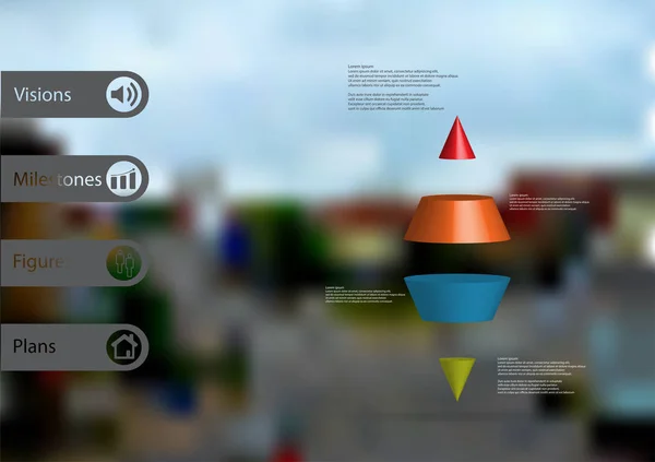 3D ilustracja infografikę szablon ze stożkiem dwa spike poziomo jest podzielony na cztery plastry kolor — Wektor stockowy