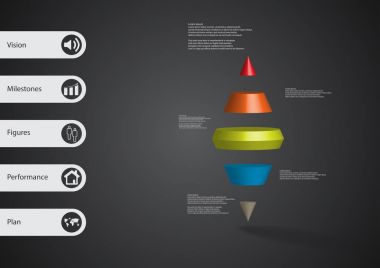 3D çizim Infographic şablon iki spike koni ile yatay olarak beş renk dilimlere bölünmüş