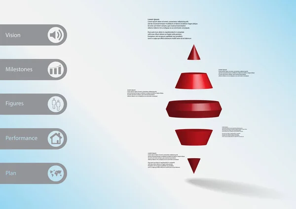 3D illustratie infographic sjabloon met twee spike conus horizontaal verdeeld aan vijf rode segmenten — Stockvector