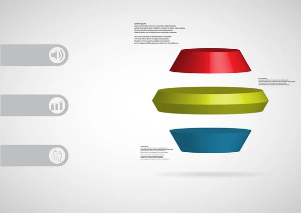Illustration 3D modèle infographique avec hexagone rond divisé horizontalement en trois tranches de couleur — Image vectorielle