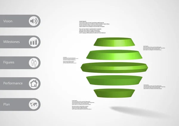 Modelo de infográfico de ilustração 3D com hexágono redondo dividido horizontalmente em cinco fatias verdes — Vetor de Stock