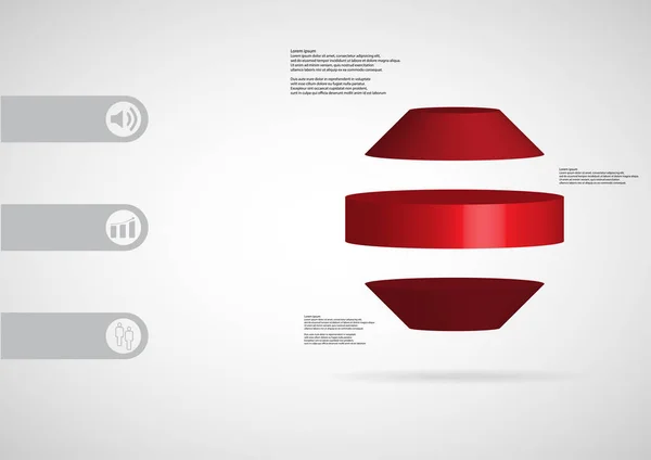 3D illustratie infographic sjabloon met ronde octagon horizontaal verdeeld aan drie rode segmenten — Stockvector
