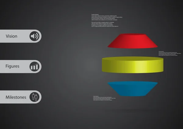 Illustration 3D modèle infographique avec octogone rond divisé horizontalement en trois tranches de couleur — Image vectorielle