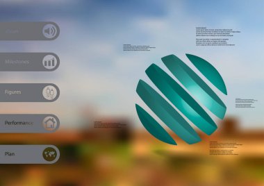 Beş mavi dilimlere bölünmüş topu çarpık ile 3D illüstrasyon Infographic şablonu