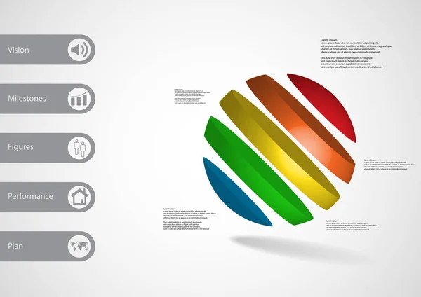 Modelo de infográfico de ilustração 3D com bola dividida em cinco fatias de cor — Vetor de Stock