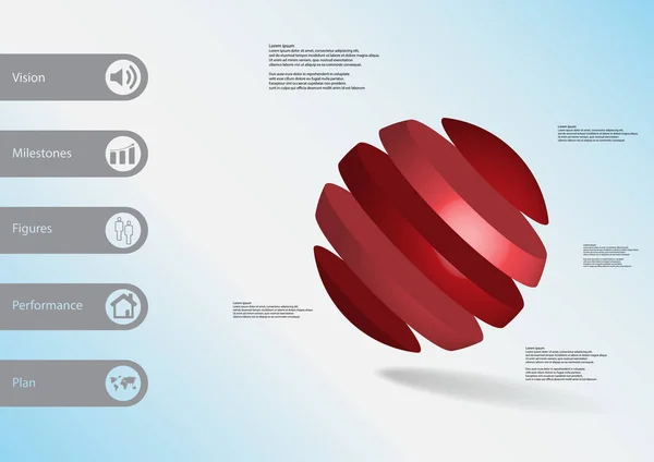 3D απεικόνιση infographic πρότυπο με μπάλα askew διαιρείται σε πέντε φέτες κόκκινο — Διανυσματικό Αρχείο