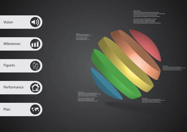 Illustration 3D modèle infographique avec boule asymétrique divisé en cinq tranches de couleur — Image vectorielle