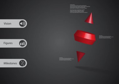 3D çizim Infographic şablon iki spike koni ile üç bölümden çarpık düzenlenmiş bölünmüş