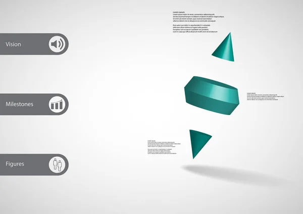 Modelo de infográfico de ilustração 3D com dois cones de espiga divididos em três partes dispostas — Vetor de Stock
