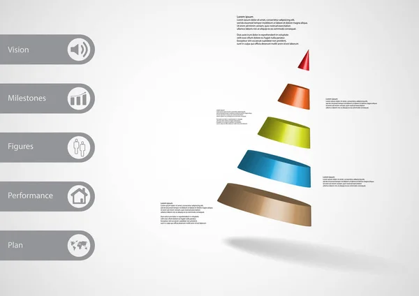 Modèle d'infographie d'illustration 3D avec cône divisé en cinq parties disposées en biais — Image vectorielle