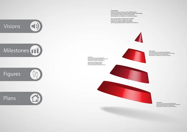 Modèle d'infographie d'illustration 3D avec cône divisé en quatre parties disposées en biais — Image vectorielle